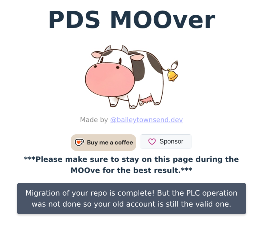 pds moover screenshot: "Migration of your repo is complete! But the PLC operation was not done so your old account is still the valid one."